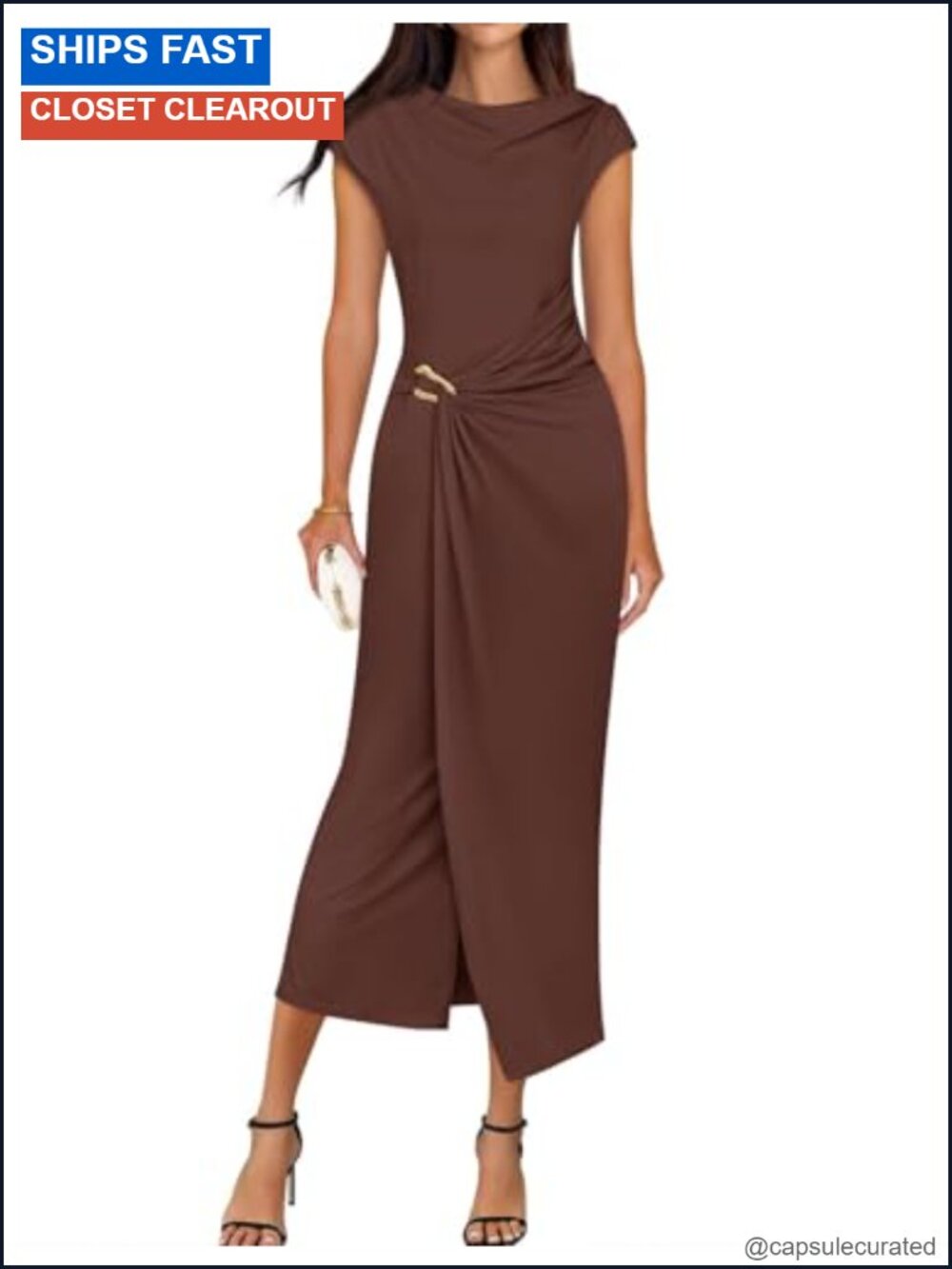Women's Cap Sleeve Mock Neck Bodycon Midi Dress Slit Cocktail Party